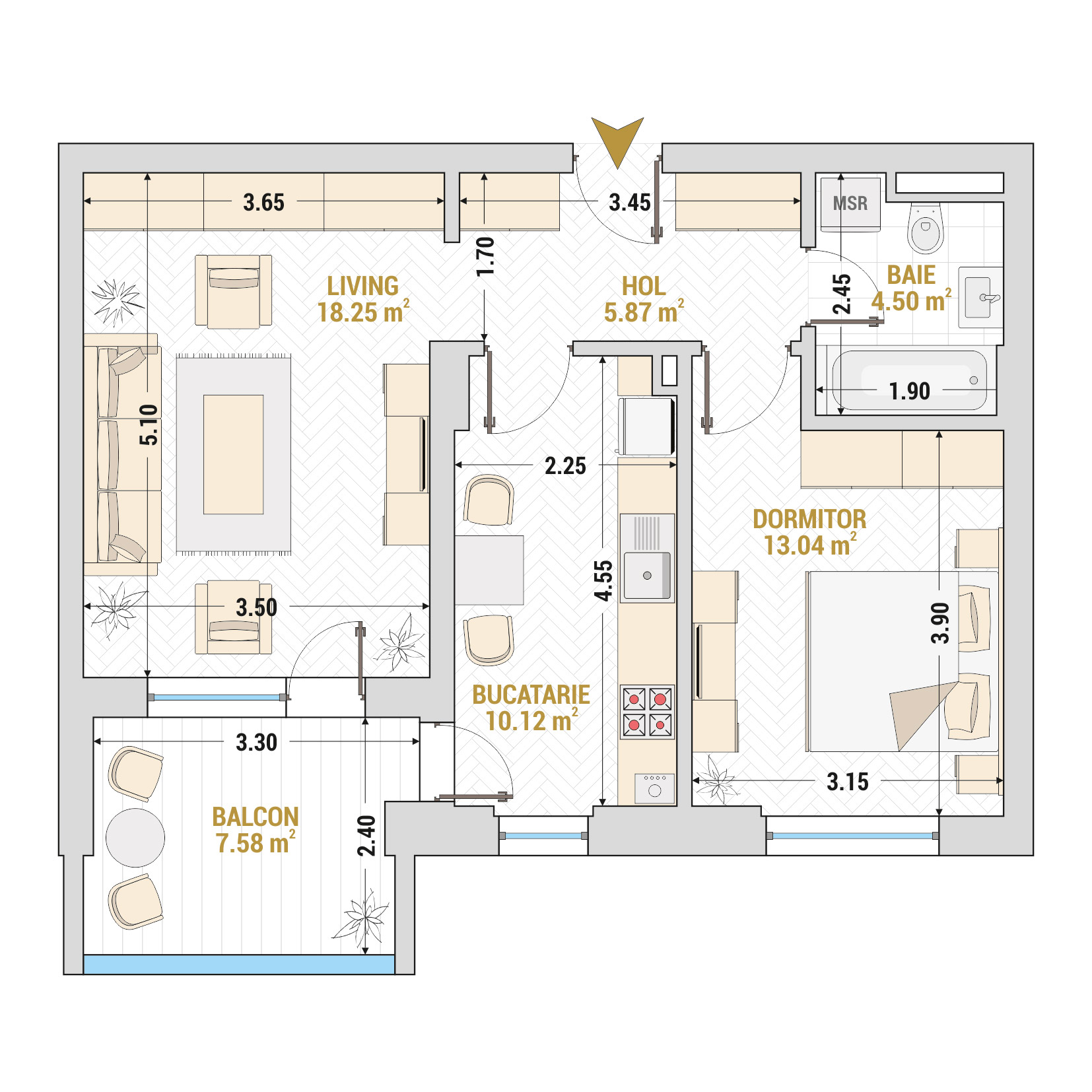 Apartament 2 Camere Tip 2 Corp 1 - Drumul Taberei Residence - Apartamente de vanzare Bucuresti - Suprafata utila totala - 59.36 mp