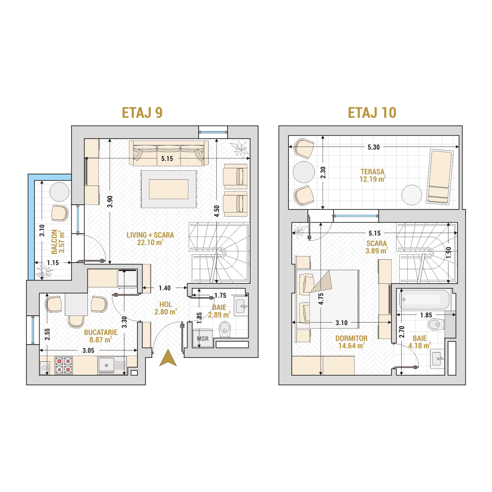 Penthouse 2 Camere Tip 1 Corp 5 - Drumul Taberei Residence - Apartamente de vanzare Bucuresti - Suprafata utila totala - 75.13 mp