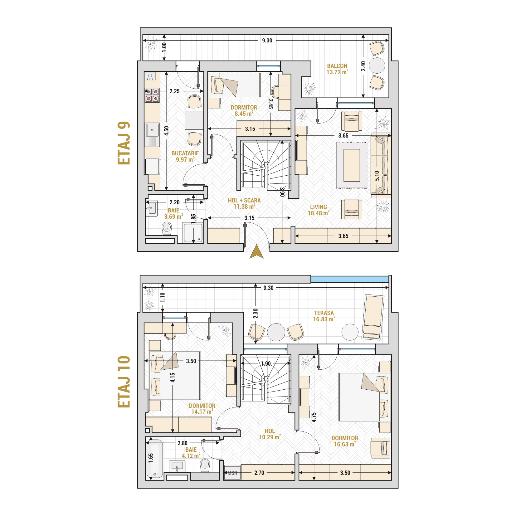 Penthouse 4 Camere Tip 1 Corp 1 - Drumul Taberei Residence - Apartamente de vanzare Bucuresti - Suprafata utila totala - 127.73 mp