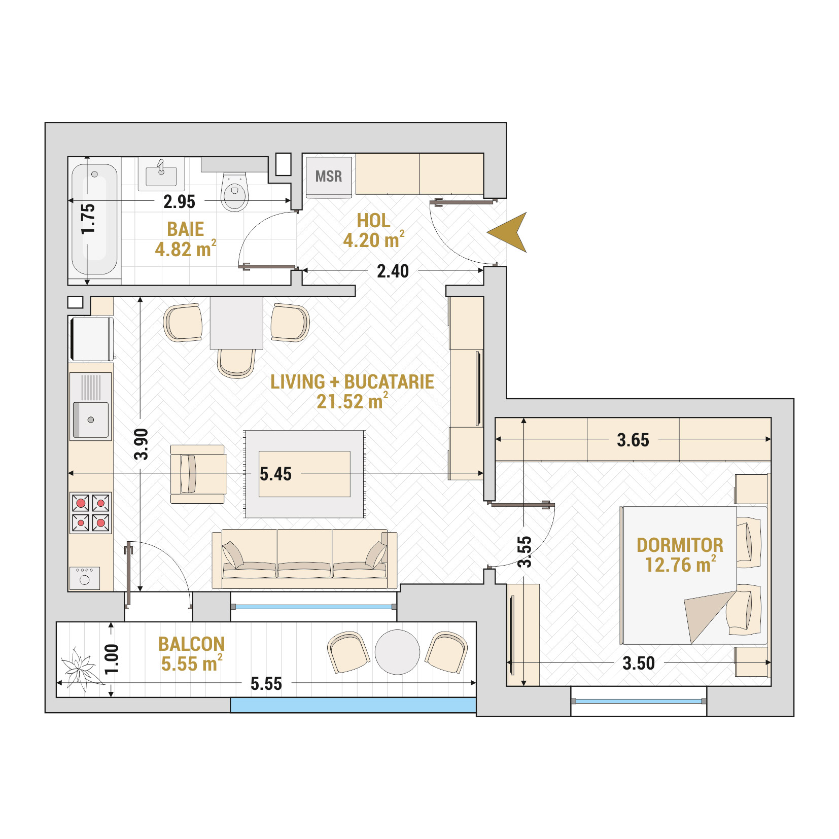 Apartament 2 Camere Tip 1 Corp 2 - Drumul Taberei Residence - Apartamente de vanzare Bucuresti - Suprafata utila totala - 48.85 mp