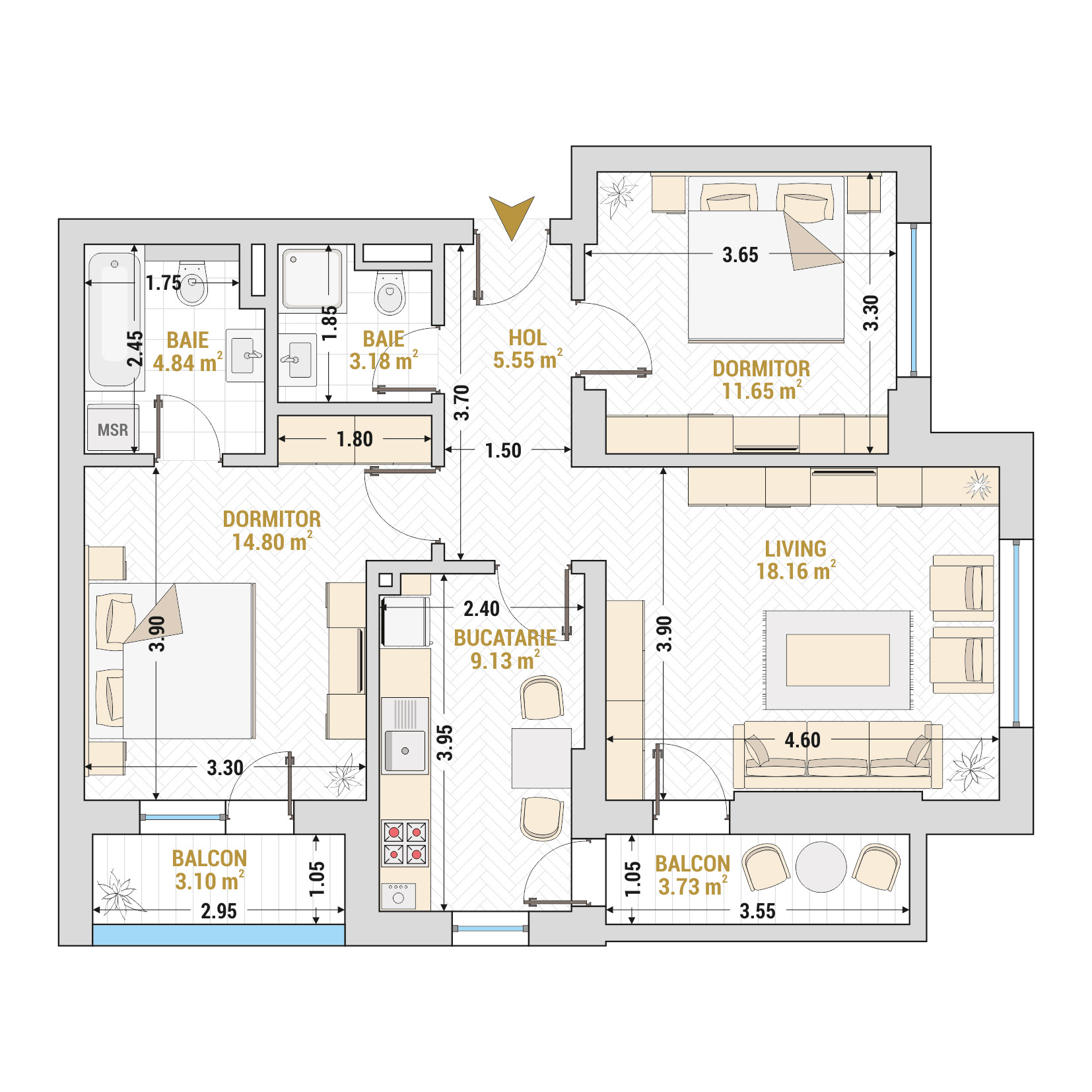 Apartament 3 Camere Tip 1 Corp 3 - Drumul Taberei Residence - Apartamente de vanzare Bucuresti - Suprafata utila totala - 74.14 mp