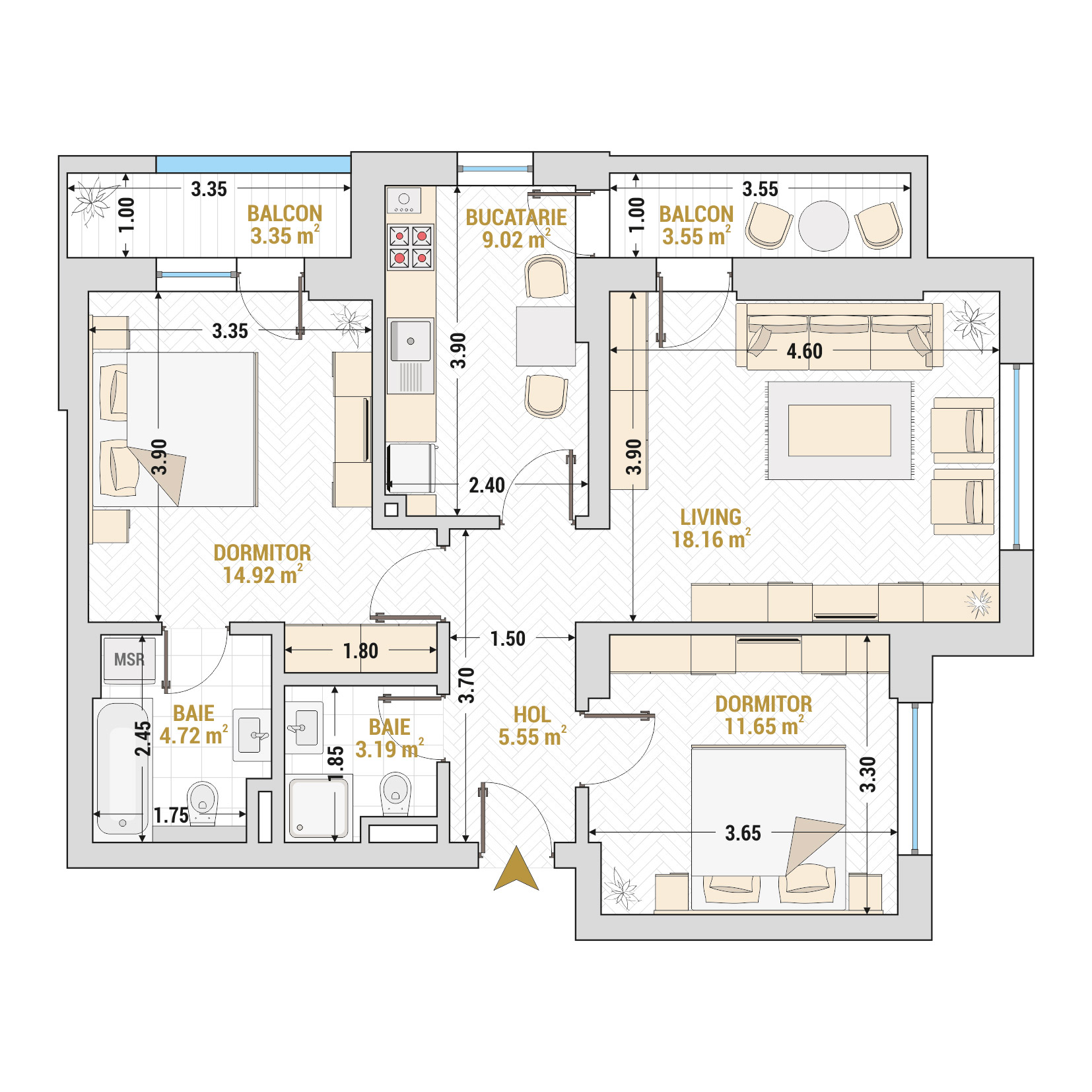 Apartament 3 Camere Tip 1 Corp 1 - Drumul Taberei Residence - Apartamente de vanzare Bucuresti - Suprafata utila totala - 74.11 mp