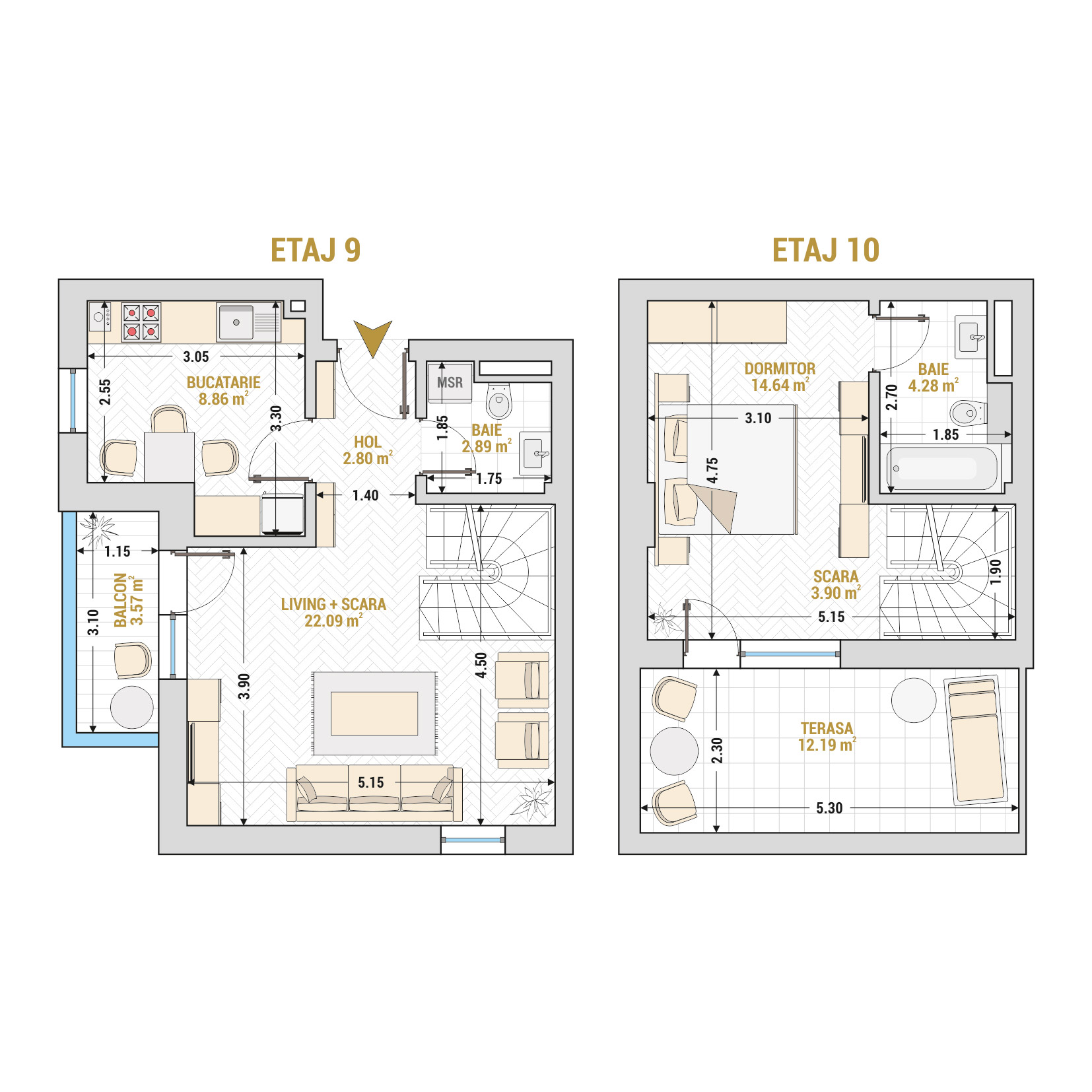Penthouse 2 Camere Tip 2 Corp 7 - Drumul Taberei Residence - Apartamente de vanzare Bucuresti - Suprafata utila totala - 75.22 mp