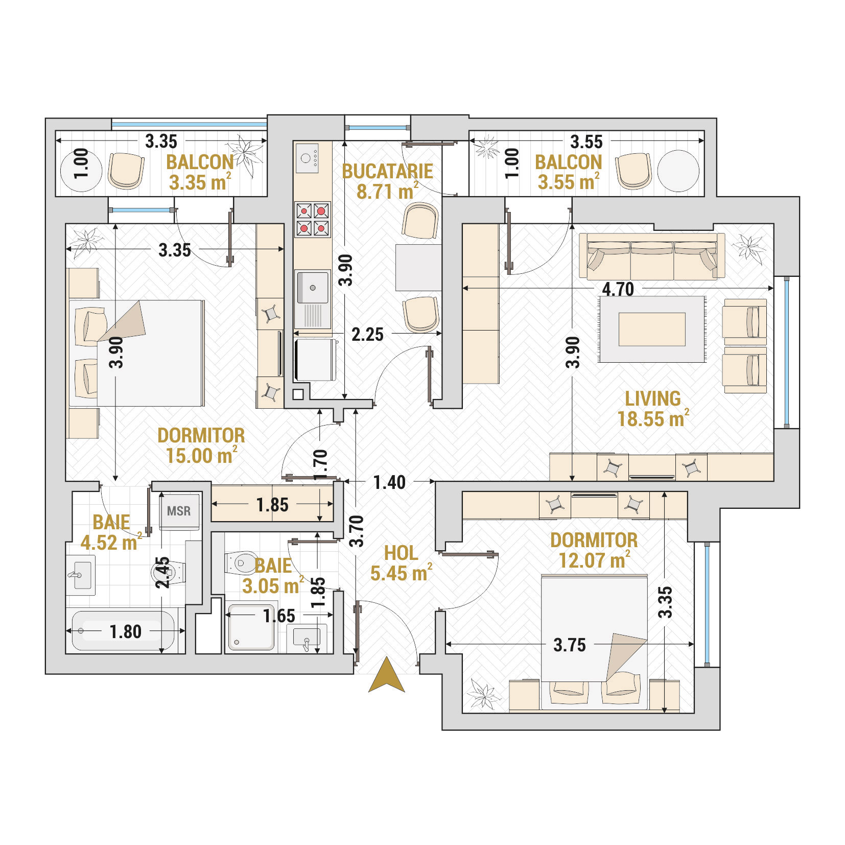 Apartament 3 Camere Tip 2 Corp 9 - Drumul Taberei Residence - Apartamente de vanzare Bucuresti - Suprafata utila totala - 74.25 mp