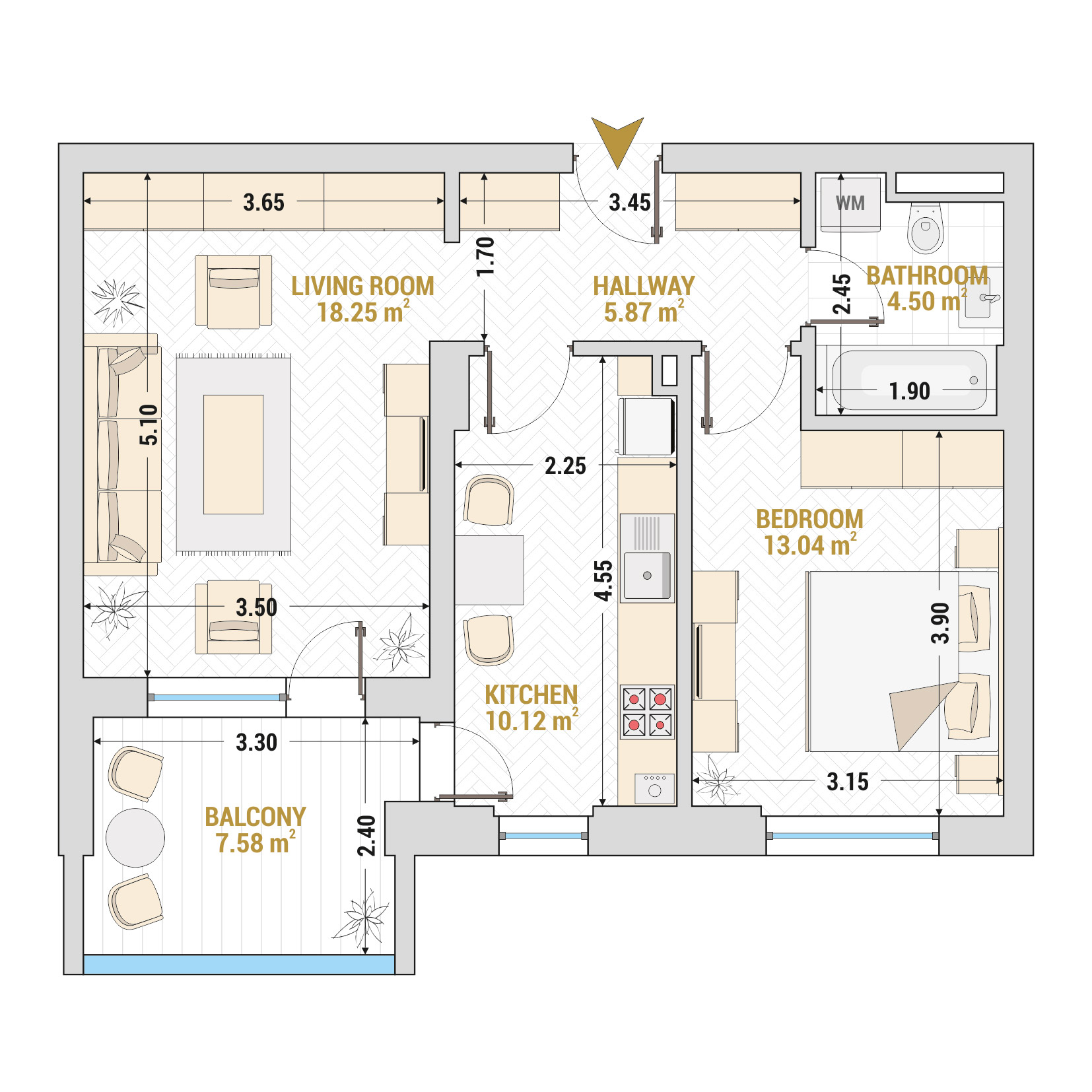 2 Room Apartment Type 2 Building 1 - Drumul Taberei Residence - Bucharest apartments for sale - Total useful area - 59.36 mp