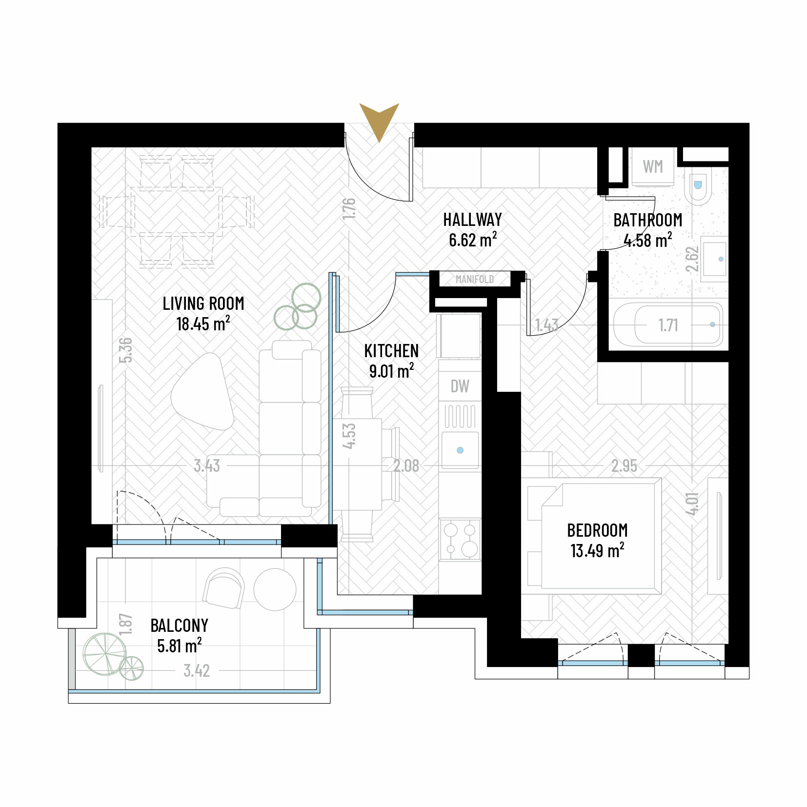 2 Room Apartment Type 12 - B1E2 - Drumul Taberei Residence - Apartments for Sale in Bucharest - Total Usable Area - 57.96 sqm