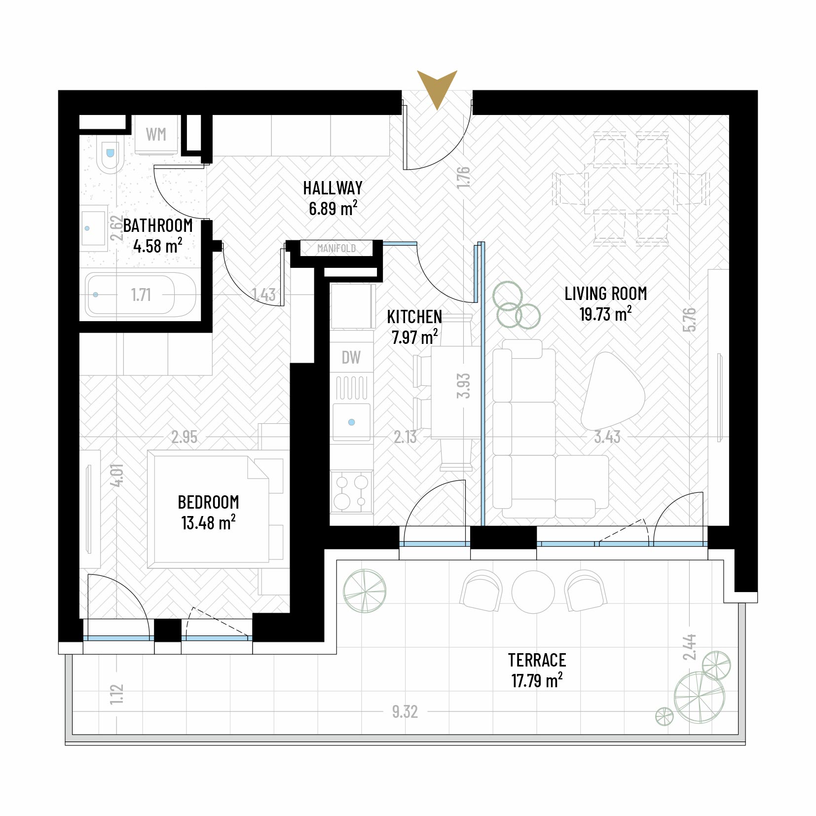2 Room Apartment Type 2 - B1E2 - Drumul Taberei Residence - Apartments for Sale in Bucharest - Total Usable Area - 70.44 sqm