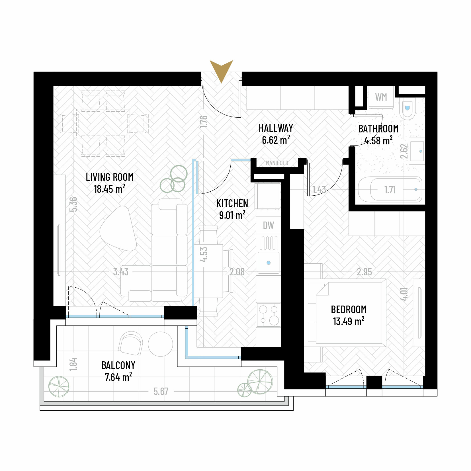 2 Room Apartment Type 9 - B1E2 - Drumul Taberei Residence - Apartments for Sale in Bucharest - Total Usable Area - 59.79 sqm