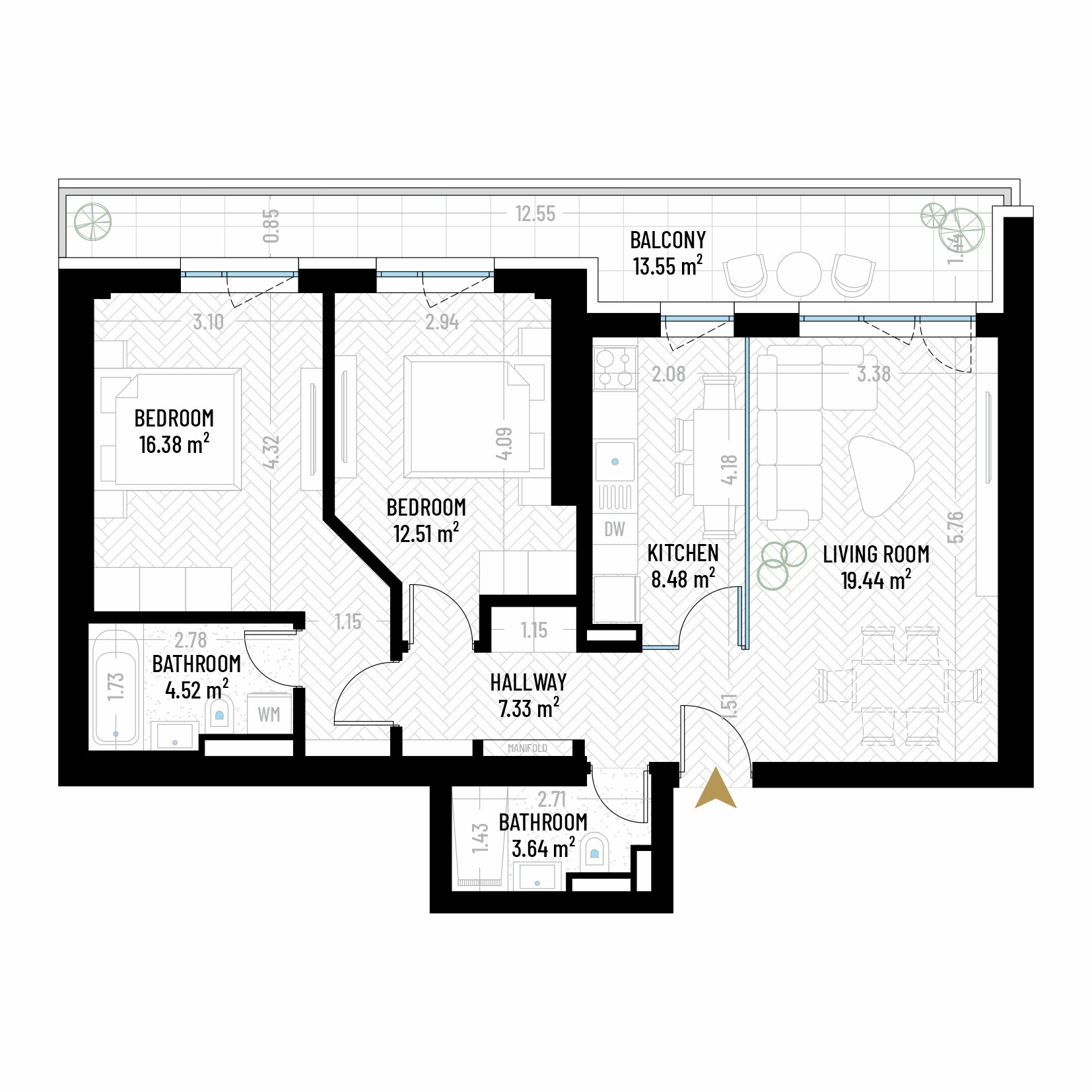 3 Room Apartment Type 10 - B1E2 - Drumul Taberei Residence - Apartments for Sale in Bucharest - Total Usable Area - 85.85 sqm