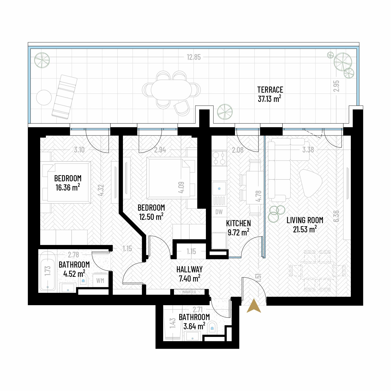 3 Room Apartment Type 2 - B1E2 - Drumul Taberei Residence - Apartments for Sale in Bucharest - Total Usable Area - 112.80 sqm