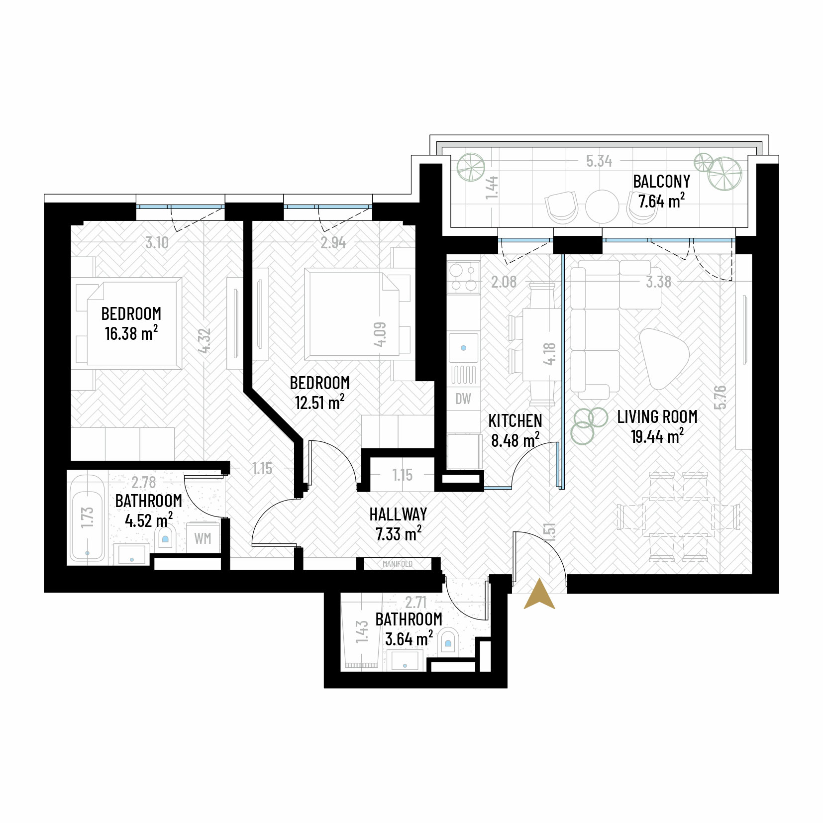 3 Room Apartment Type 4 - B1E2 - Drumul Taberei Residence - Apartments for Sale in Bucharest - Total Usable Area - 79.94 sqm
