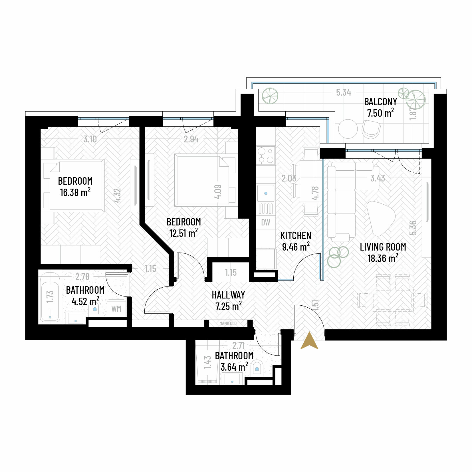3 Room Apartment Type 8 - B1E2 - Drumul Taberei Residence - Apartments for Sale in Bucharest - Total Usable Area - 79.62 sqm