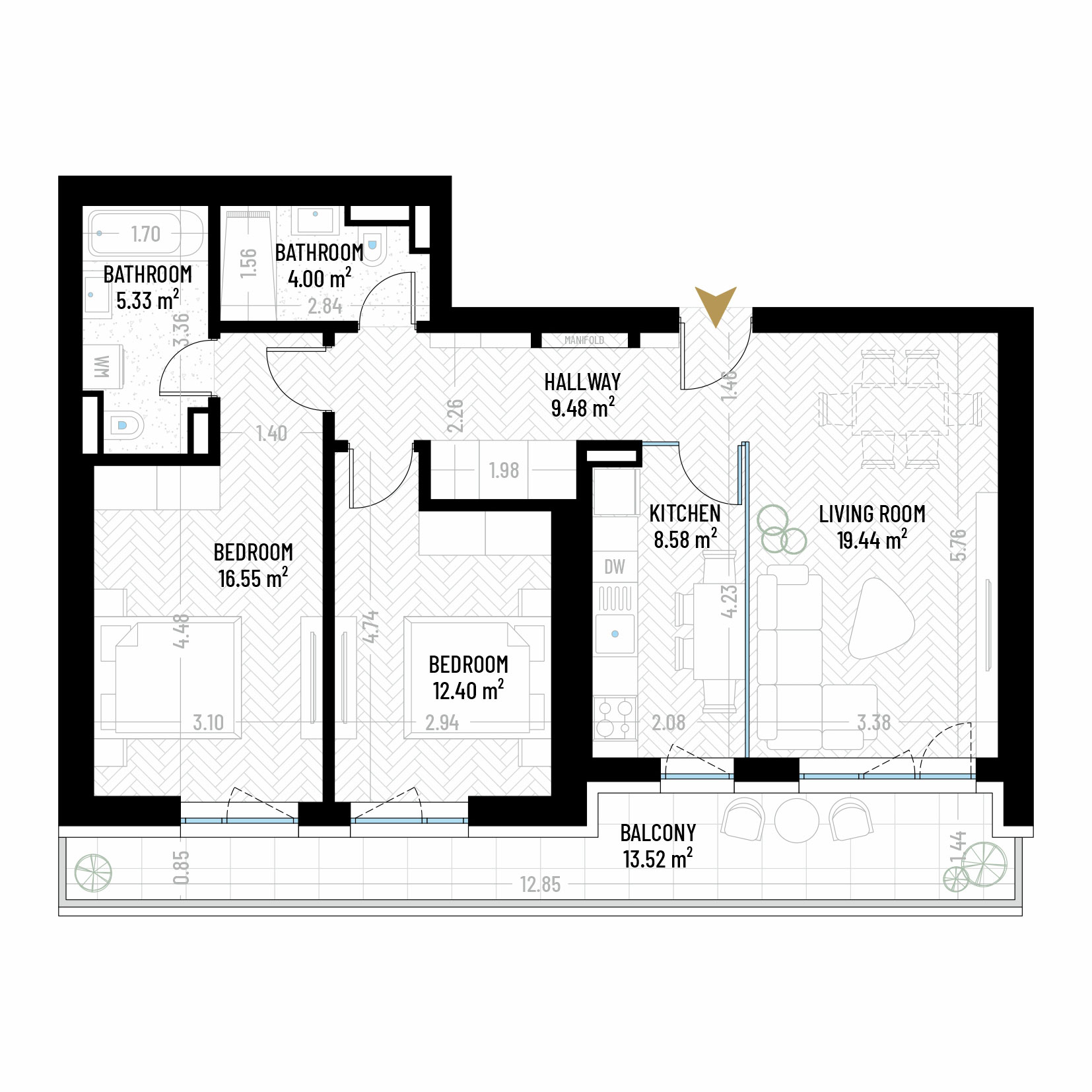 3 Room Apartment Type 9 - B1E2 - Drumul Taberei Residence - Apartments for Sale in Bucharest - Total Usable Area - 89.30 sqm