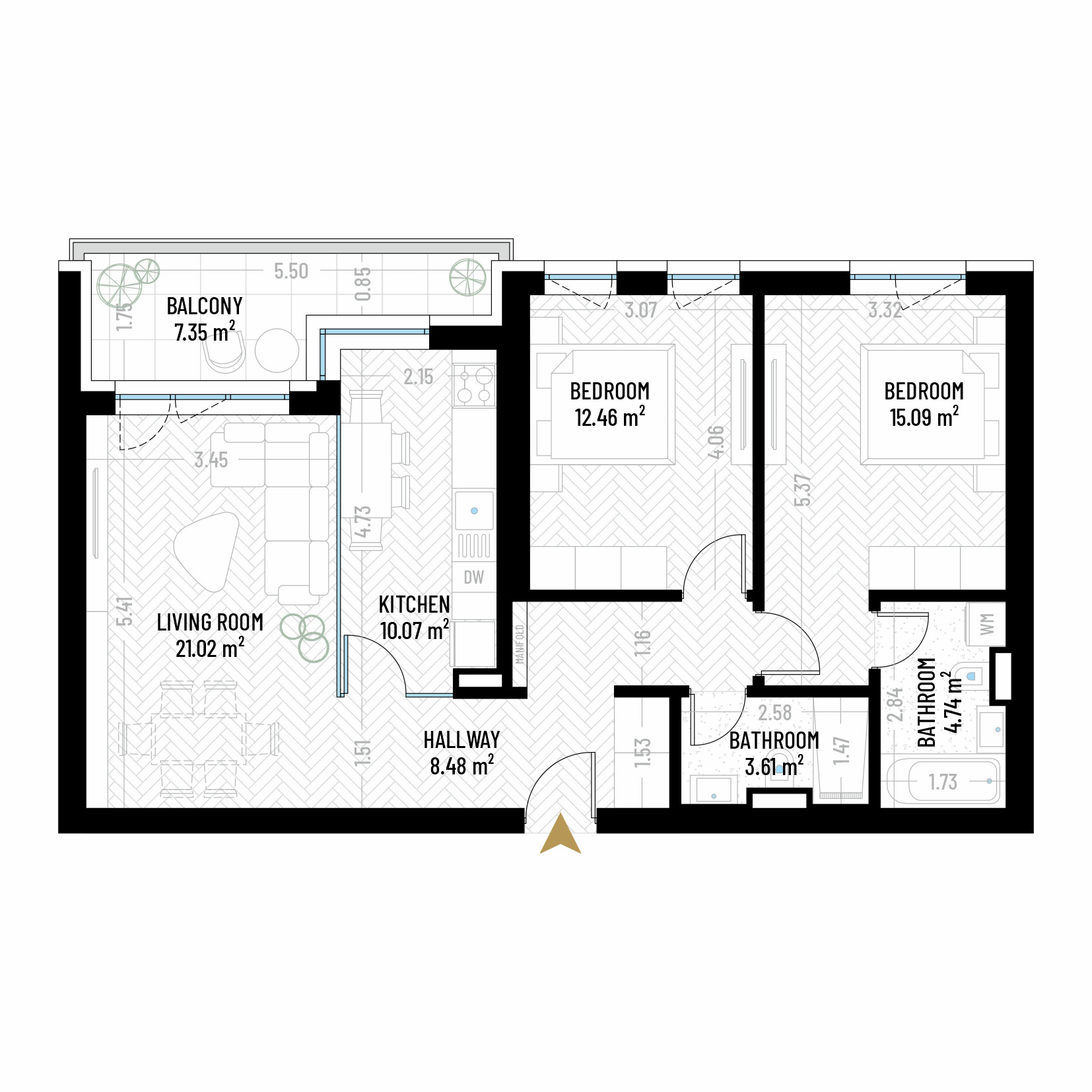 3 Room Apartment Type 9 - B2 - Drumul Taberei Residence - Apartments for Sale in Bucharest - Total Usable Area - 82.82 sqm