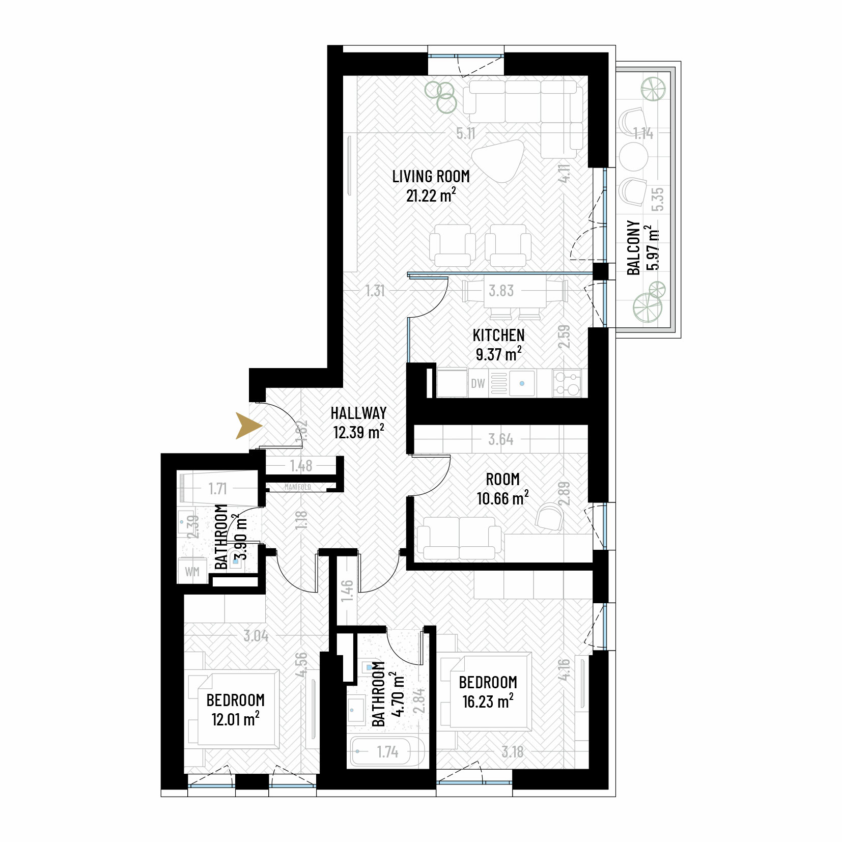 4 Room Apartment Type 2 - B1E2 - Drumul Taberei Residence - Apartments for Sale in Bucharest - Total Usable Area - 96.45 sqm