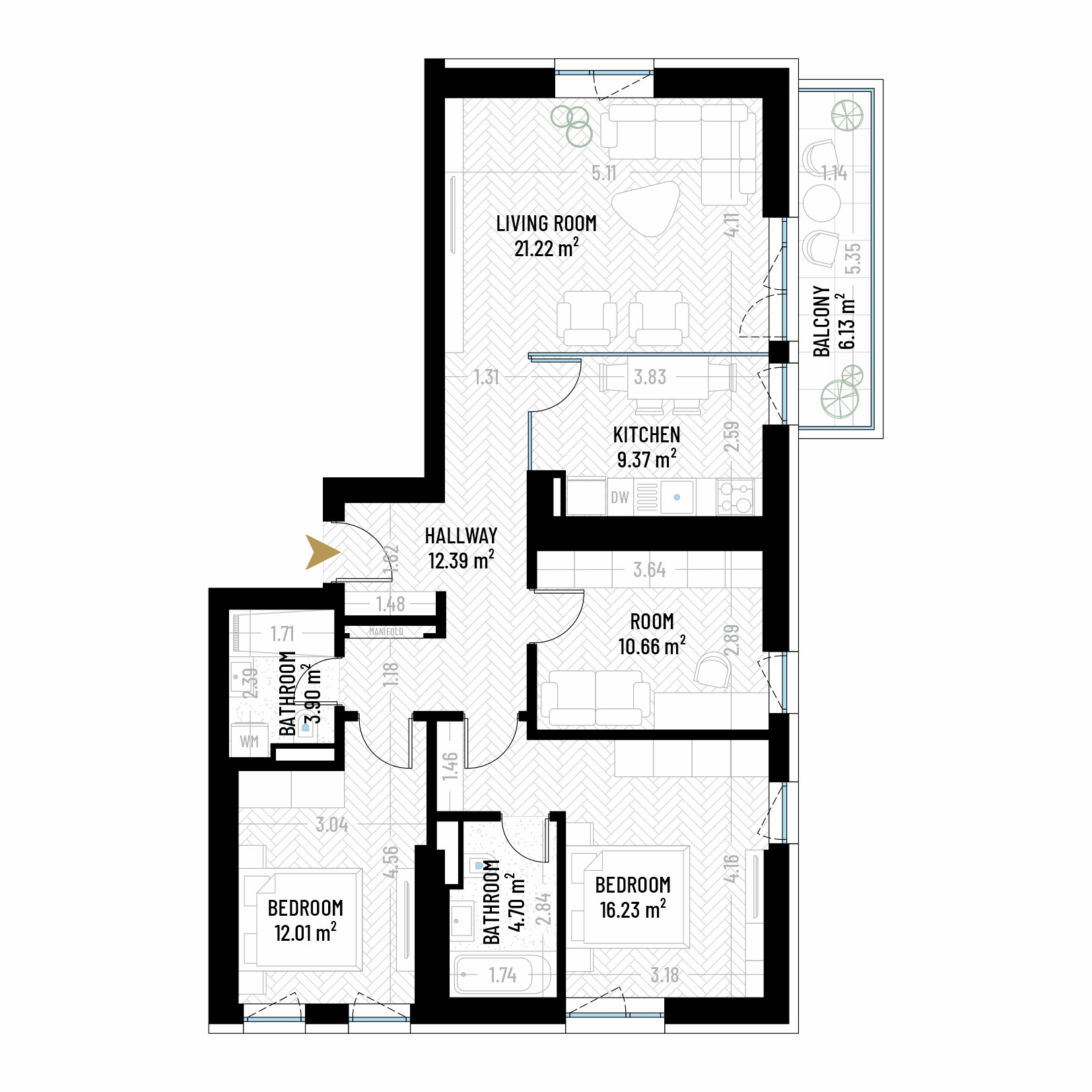 4 Room Apartment Type 3 - B1E2 - Drumul Taberei Residence - Apartments for Sale in Bucharest - Total Usable Area - 96.61 sqm