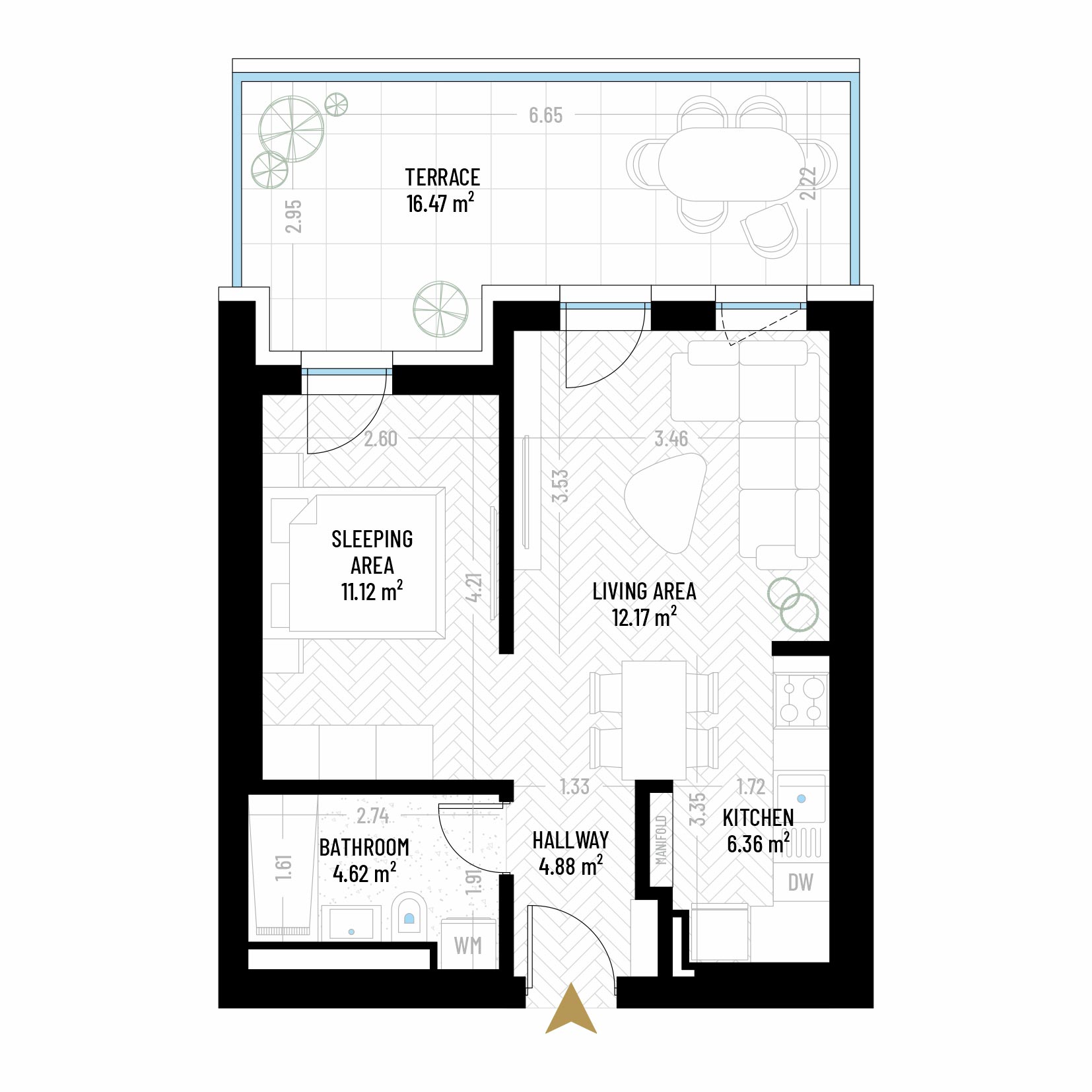 Studio Apartment Type 1 - B1E2 - Drumul Taberei Residence - Apartments for Sale in Bucharest - Total Usable Area - 55.62 sqm