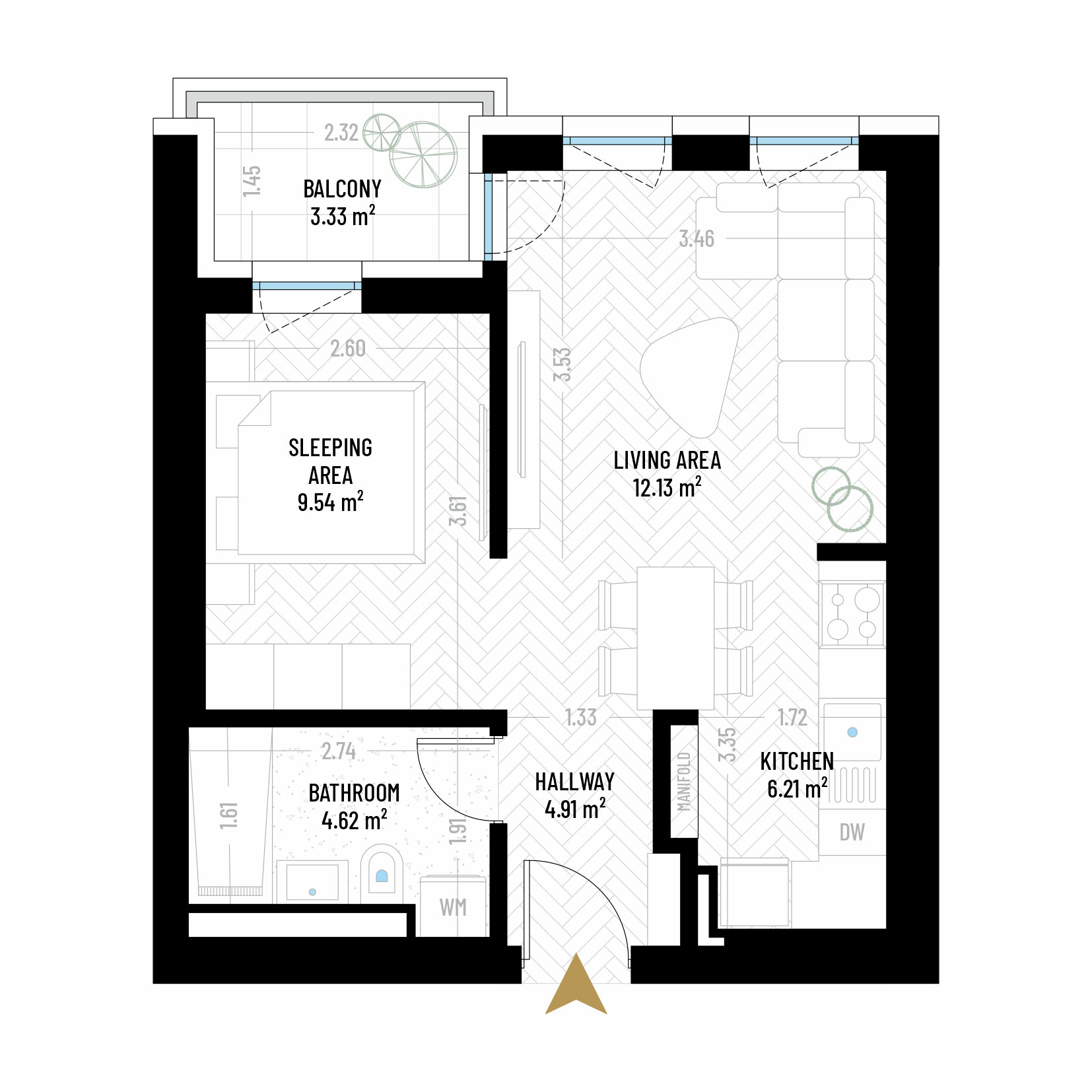 Studio Apartment Type 2 - B1E2 - Drumul Taberei Residence - Apartments for Sale in Bucharest - Total Usable Area - 40.74 sqm